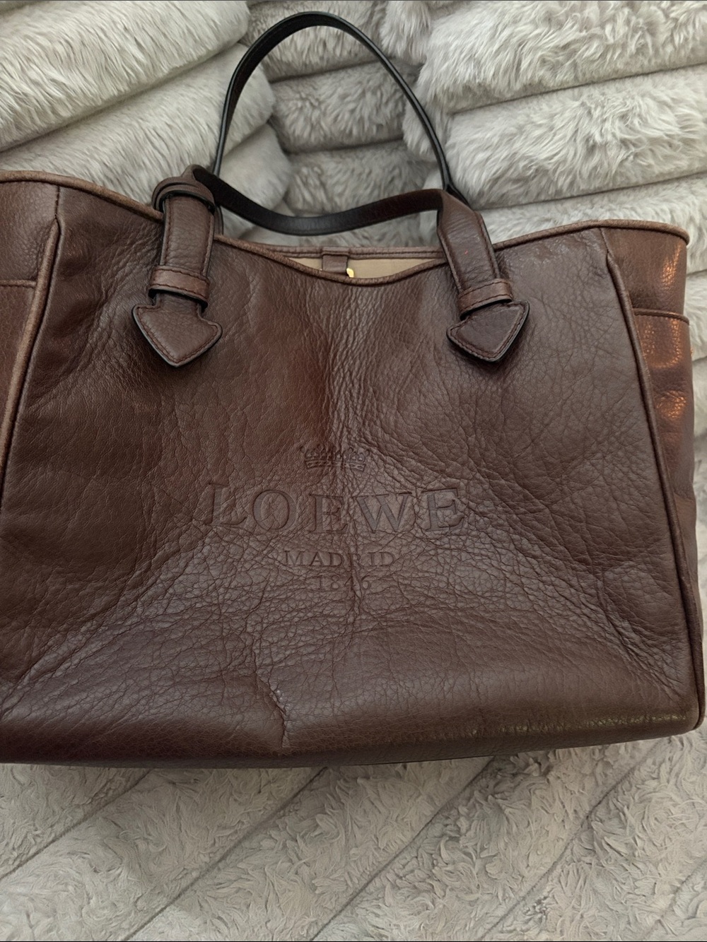 Loewe Dark Brown Leather Tote with Embossed Logo
